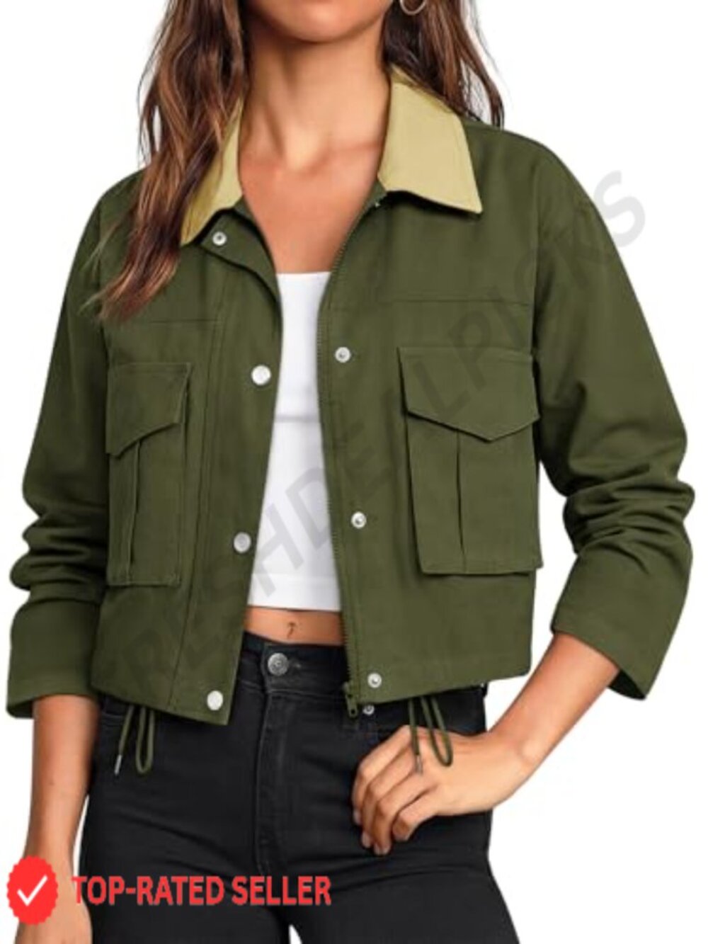 Cropped Cotton Zip Up Bomber Jacket with Pockets